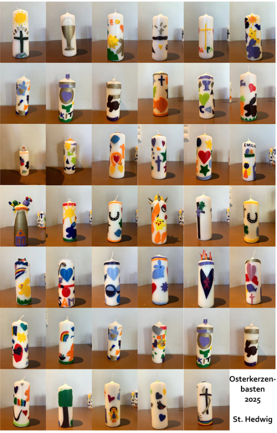 Einundvierzig kleine Fotos von je einer gebastelten Osterkerze als Collage, unten der Schriftzug Osterkerzenbasteln St. Hedwig