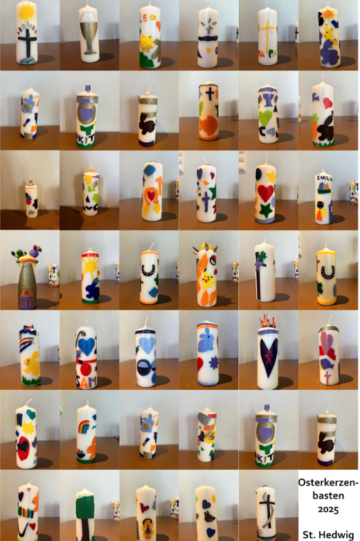 Einundvierzig kleine Fotos von je einer gebastelten Osterkerze als Collage, unten der Schriftzug Osterkerzenbasteln St. Hedwig