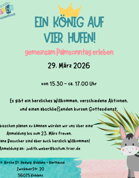 Plakat unten rechts steht ein Esel vor einem Palmzweig