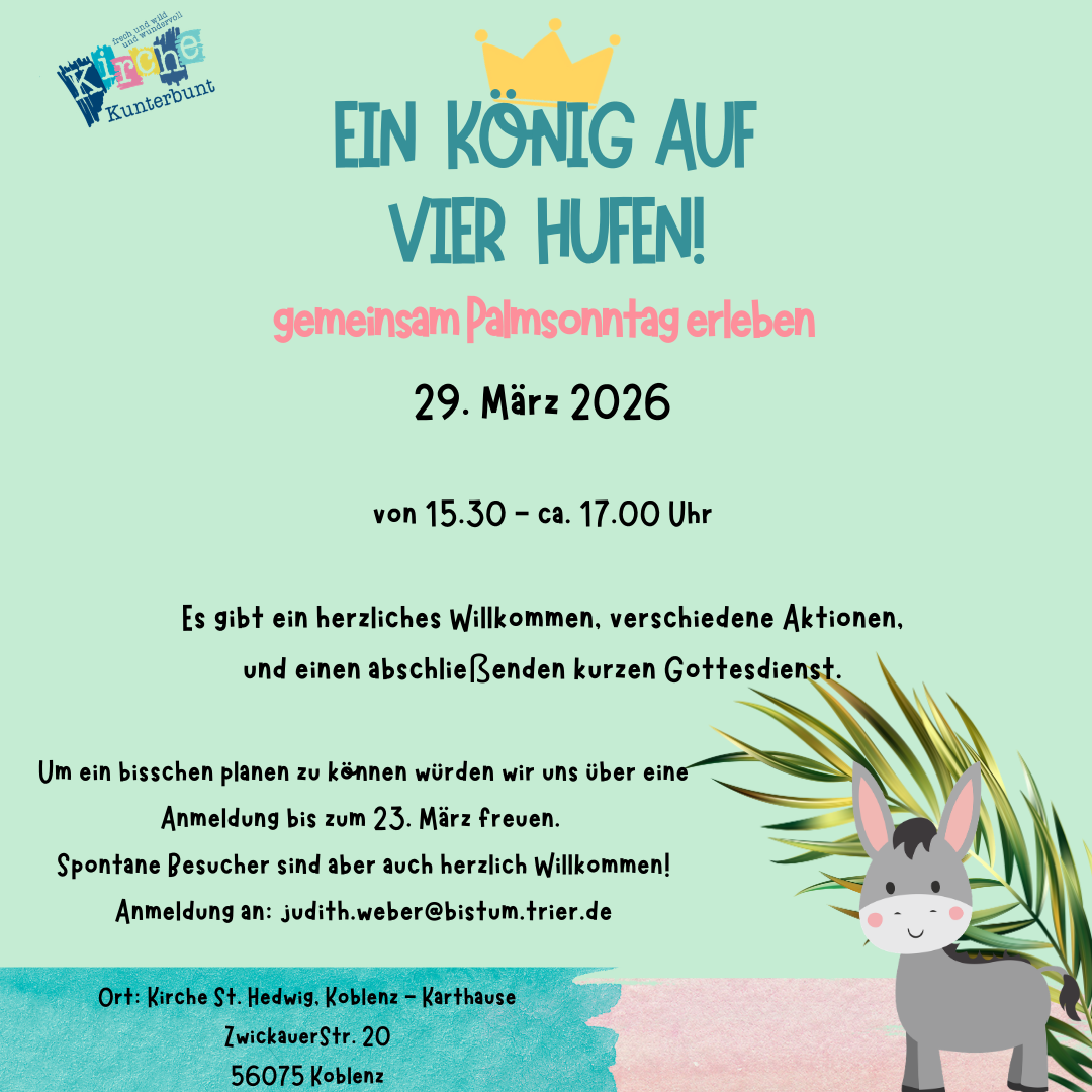 Plakat unten rechts steht ein Esel vor einem Palmzweig