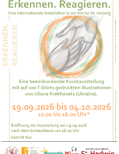 Plakat zur Ausstellung Erkennen. Reagieren Im oberen Drittel wird eine Hand von unten her in eine Hand die von oben  entgegenkommt gelegt. es folgen Infos zur Ausstellung