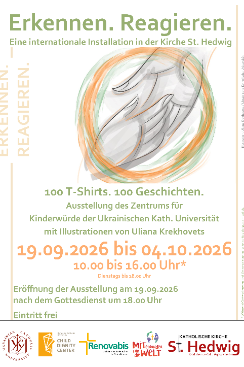 Plakat zur Ausstellung Erkennen. Reagieren Im oberen Drittel wird eine Hand von unten her in eine Hand die von oben  entgegenkommt gelegt. es folgen Infos zur Ausstellung