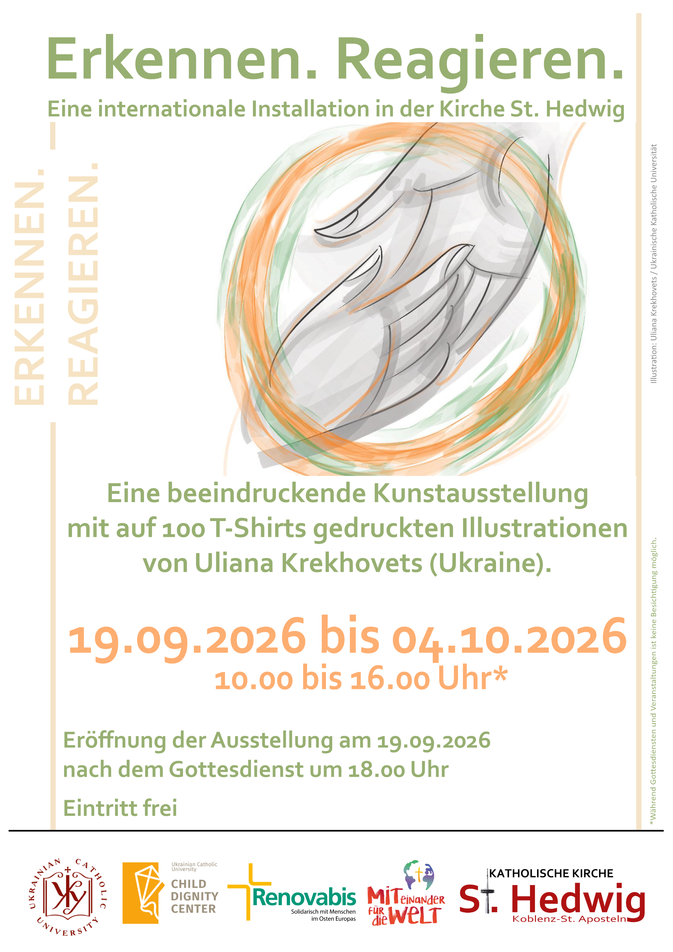 Plakat zur Ausstellung Erkennen. Reagieren Im oberen Drittel wird eine Hand von unten her in eine Hand die von oben entgegenkommt gelegt. es folgen Infos zur Ausstellung