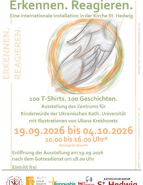 Plakat zur Ausstellung Erkennen. Reagieren Im oberen Drittel wird eine Hand von unten her in eine Hand die von oben  entgegenkommt gelegt. es folgen Infos zur Ausstellung