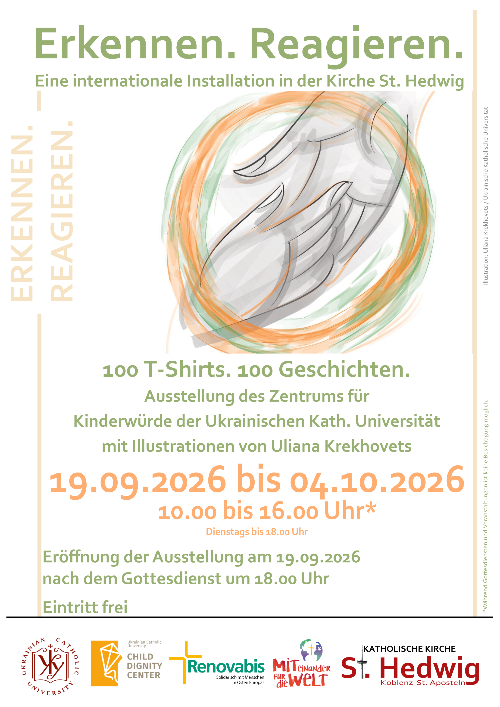 Plakat zur Ausstellung Erkennen. Reagieren Im oberen Drittel wird eine Hand von unten her in eine Hand die von oben  entgegenkommt gelegt. es folgen Infos zur Ausstellung
