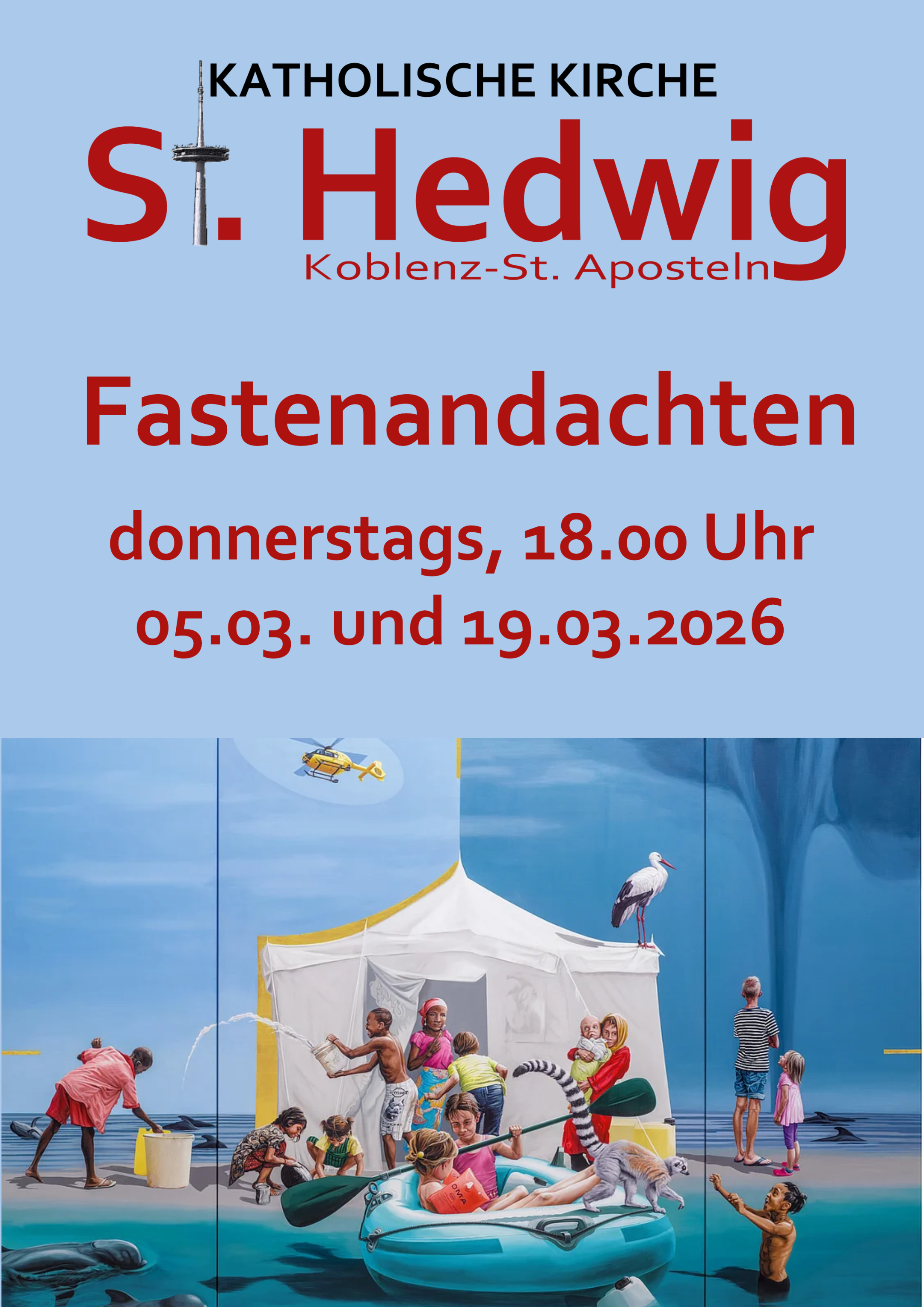 Plakat mit blauem Hintergrund mit den Terminen der Fastenandachten 2026 in St. Hedwig, im Vordergrund das Motiv des Hungertuchs