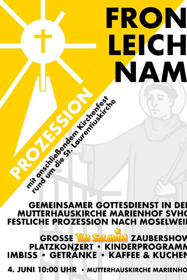 Plakat mit Einladung zur Fronleichnamsprozession 2026 mit Gottesdienst und anschließend Kirchenfest