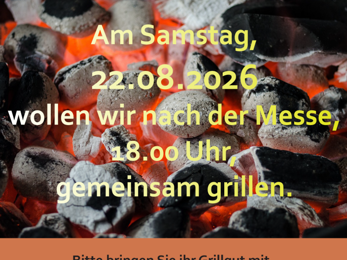 Plakat Einladung zum gemeinsamen grillen in der Mitte ein Fote mit brennender Holzkohle