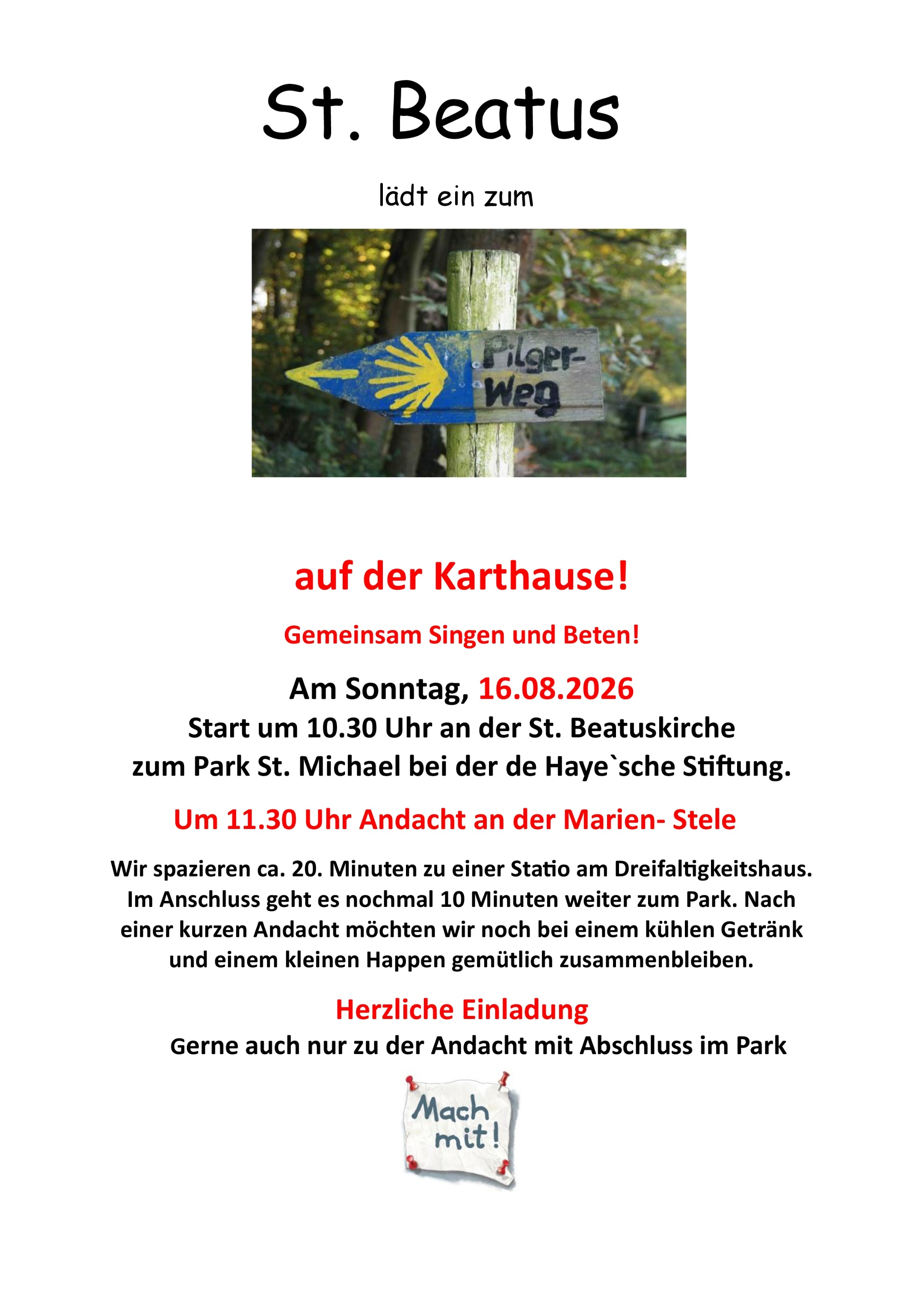 Plakat mit Einladung zum Pilgerspaziergang mit Motiv vom Jakobsweg