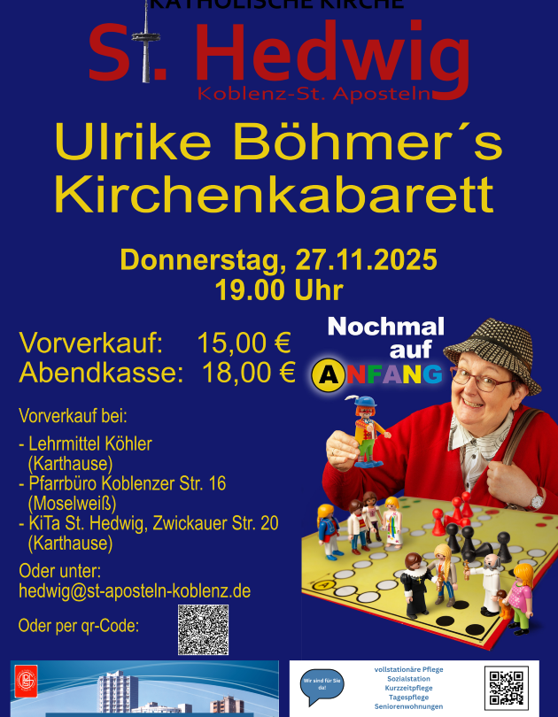 Plakat mit Informationen zu Ulrike Böhmers Kirchenkabarett am 27.11. in der Kirche St. Hedwig mit einem Foto von Ulrike Böhmermann vor einem Spielbrett mit Playmobilfiguren