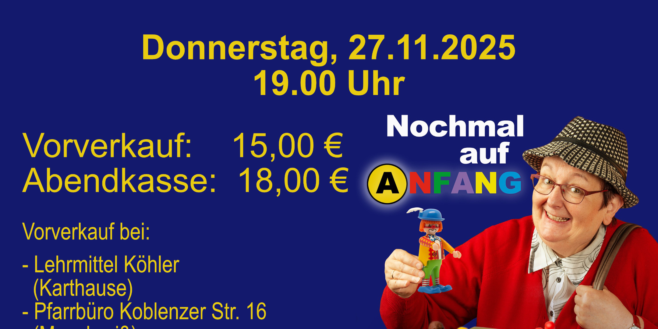 Plakat mit Informationen zu Ulrike Böhmers Kirchenkabarett am 27.11. in der Kirche St. Hedwig mit einem Foto von Ulrike Böhmermann vor einem Spielbrett mit Playmobilfiguren