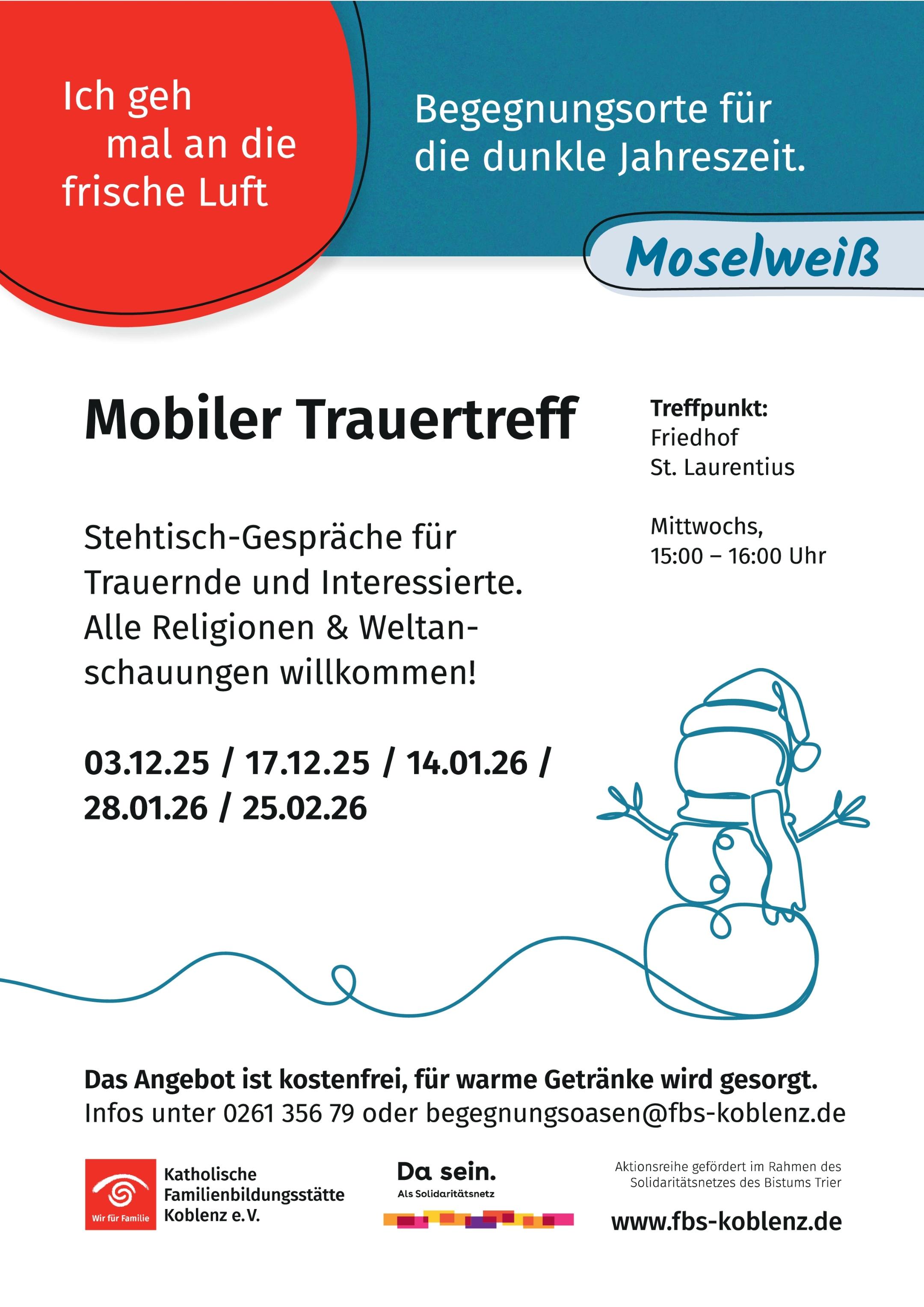 Plakat mit Einladung und Terminen zum Mobilen Trauertreff auf dem Friedhof St. Laurentius in Koblenz