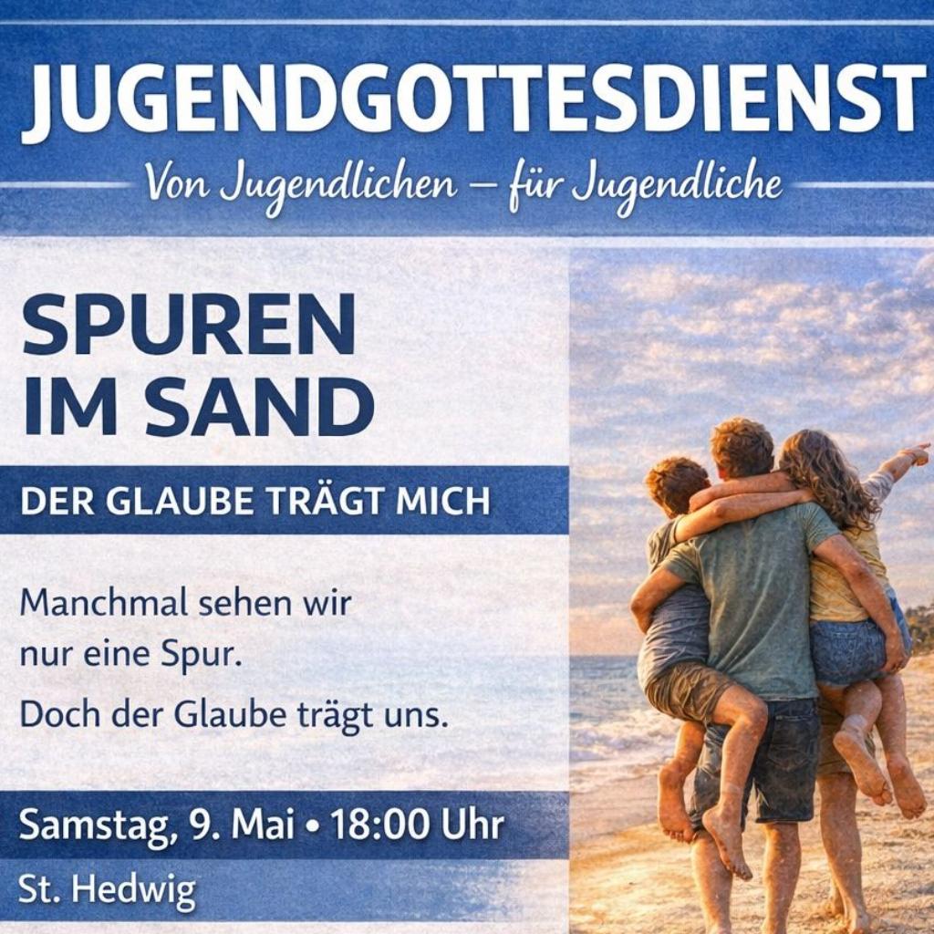 Einladung zu einem Jugendgottesdienst - Spuren im Sand am 09. Mai 2026 um 18 Uhr in St. Hedwig rechts auf dem Plakat sind Spuren im San zu sehen von einer Person die zwei weitere trägt