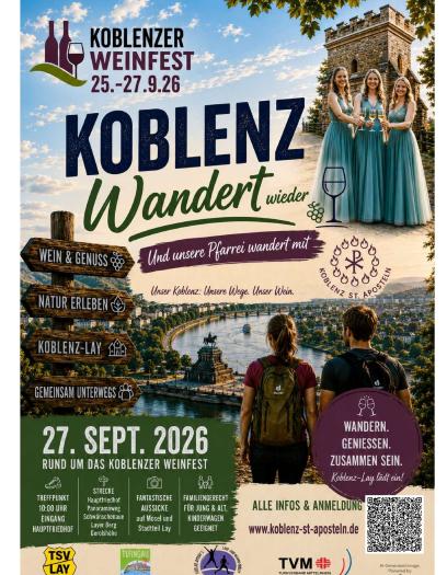 Auf dem Plakat Koblenz wandert wieder sind die Weinmajestätinnen vom Lay  vor dem Karolaturm zu sehen, mehrere Wegweiser und Wanderer Wegweiser