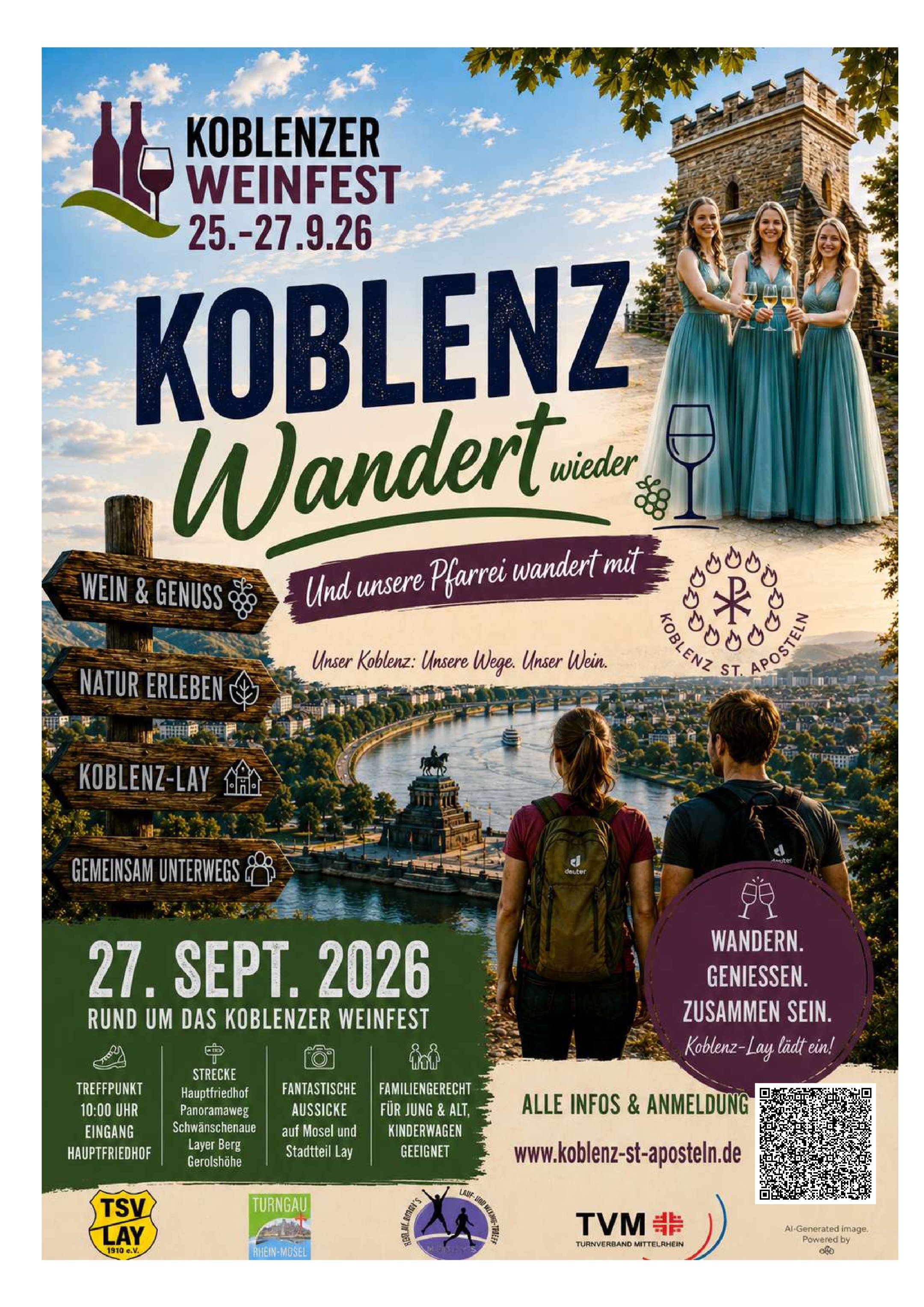 Auf dem Plakat Koblenz wandert wieder sind die Weinmajestätinnen vom Lay vor dem Karolaturm zu sehen, mehrere Wegweiser und Wanderer Wegweiser