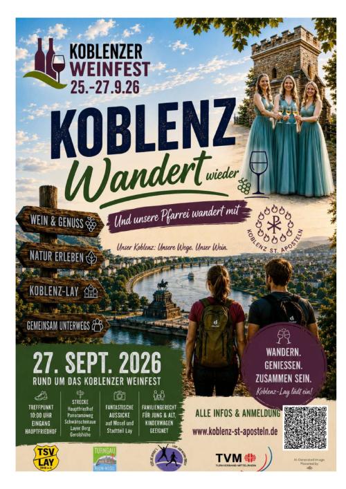 Auf dem Plakat Koblenz wandert wieder sind die Weinmajestätinnen vom Lay  vor dem Karolaturm zu sehen, mehrere Wegweiser und Wanderer Wegweiser