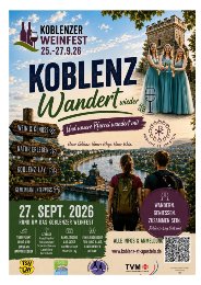Auf dem Plakat Koblenz wandert wieder sind die Weinmajestätinnen vom Lay  vor dem Karolaturm zu sehen, mehrere Wegweiser und Wanderer Wegweiser