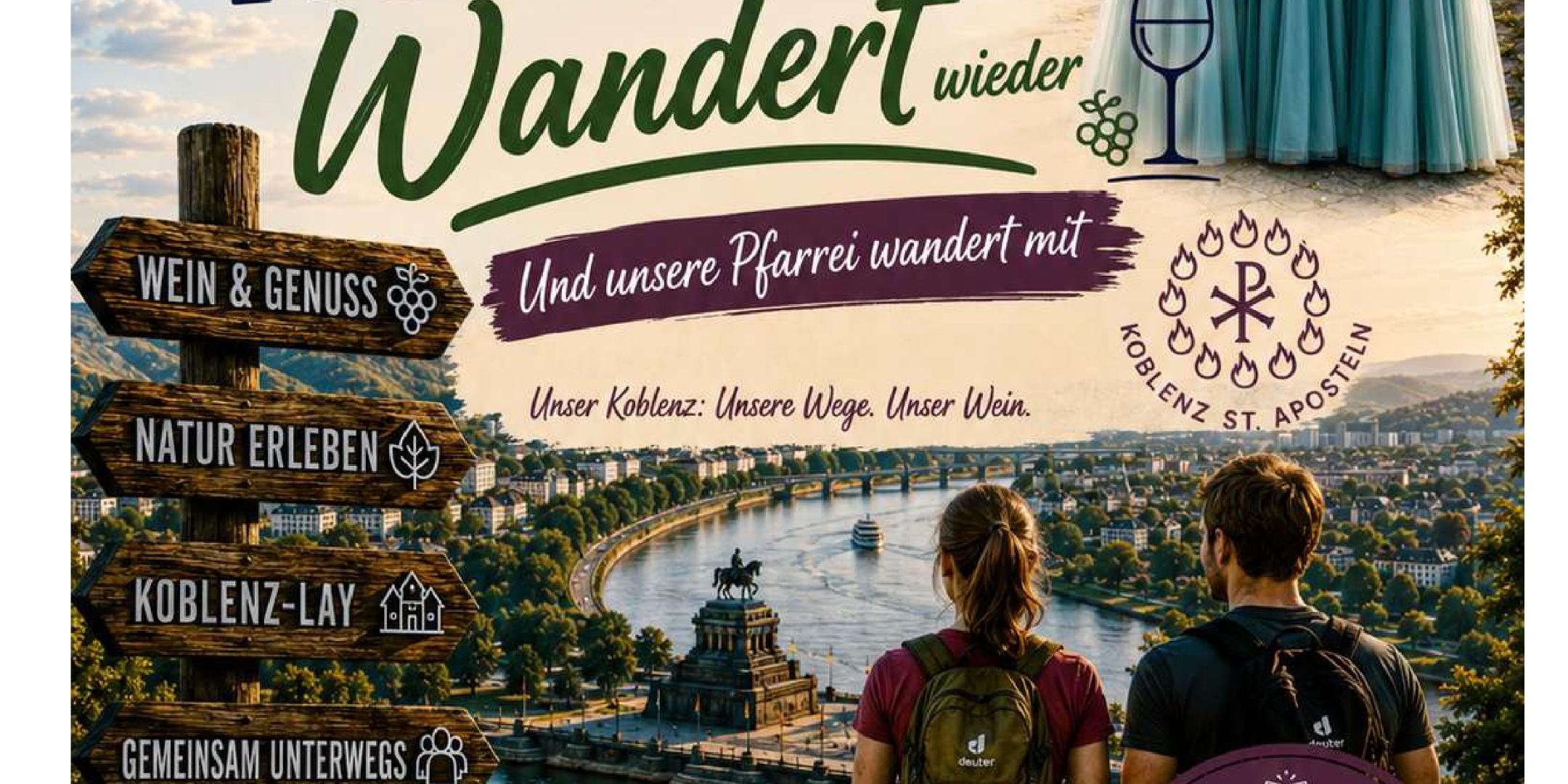 Auf dem Plakat Koblenz wandert wieder sind die Weinmajestätinnen vom Lay vor dem Karolaturm zu sehen, mehrere Wegweiser und Wanderer Wegweiser