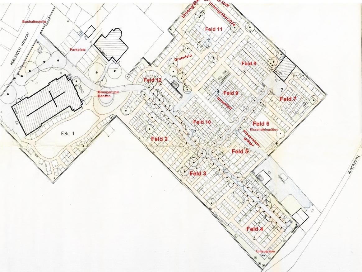 ein gezeichneter Friedhofsplan, auf dem man die Lage der Grabfelder, der Wege, der Verkehrsanbindung und des Kirche sehen kann