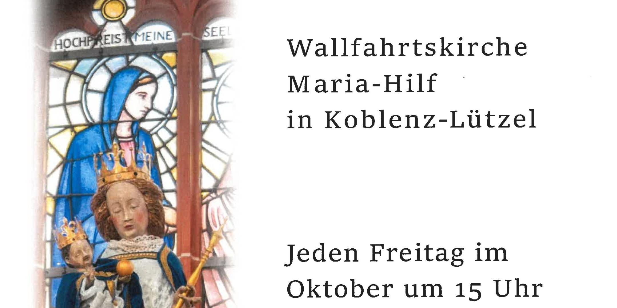 Plakat mit Einladung zu Andachten im Oktober 2026, links ein Foto von einer Marienstatue vor einem Kirchenfenster