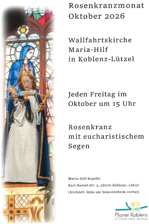 Plakat mit Einladung zu Andachten im Oktober 2026, links ein Foto von einer Marienstatue vor einem Kirchenfenster