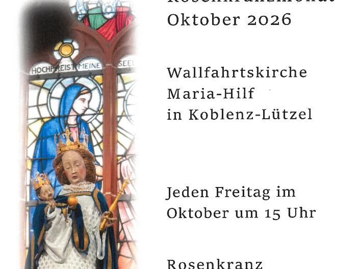 Plakat mit Einladung zu Andachten im Oktober 2026, links ein Foto von einer Marienstatue vor einem Kirchenfenster