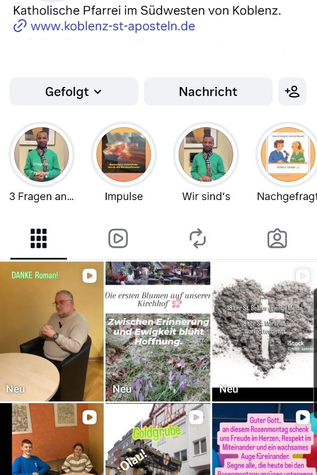 Ein Screenshot vom Handy mit geöffnetem Probil der Pfarrei Koblenz St. Aposteln