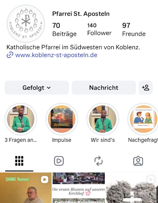 Ein Screenshot vom Handy mit geöffnetem Probil der Pfarrei Koblenz St. Aposteln