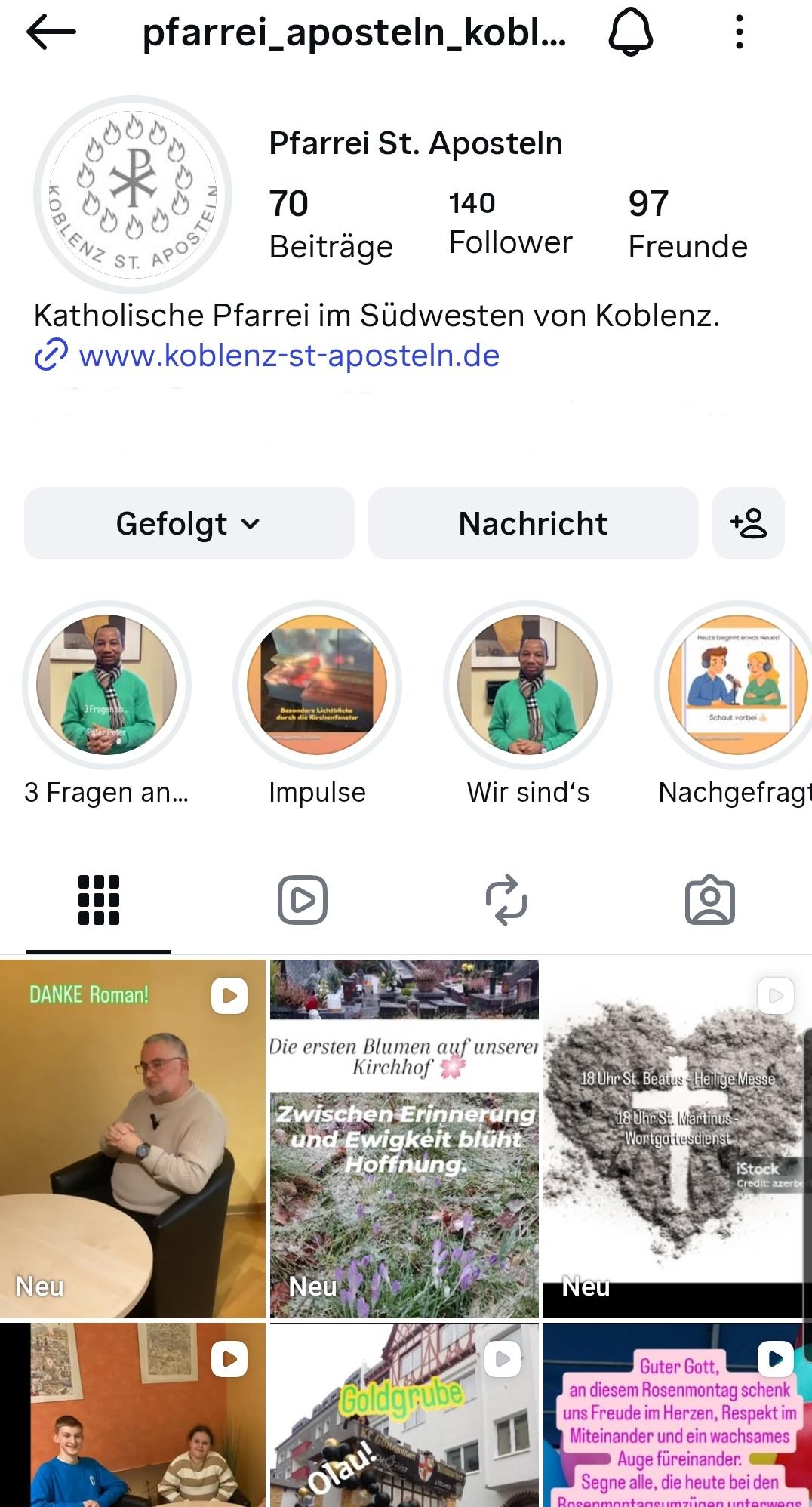 Ein Screenshot vom Handy mit geöffnetem Probil der Pfarrei Koblenz St. Aposteln
