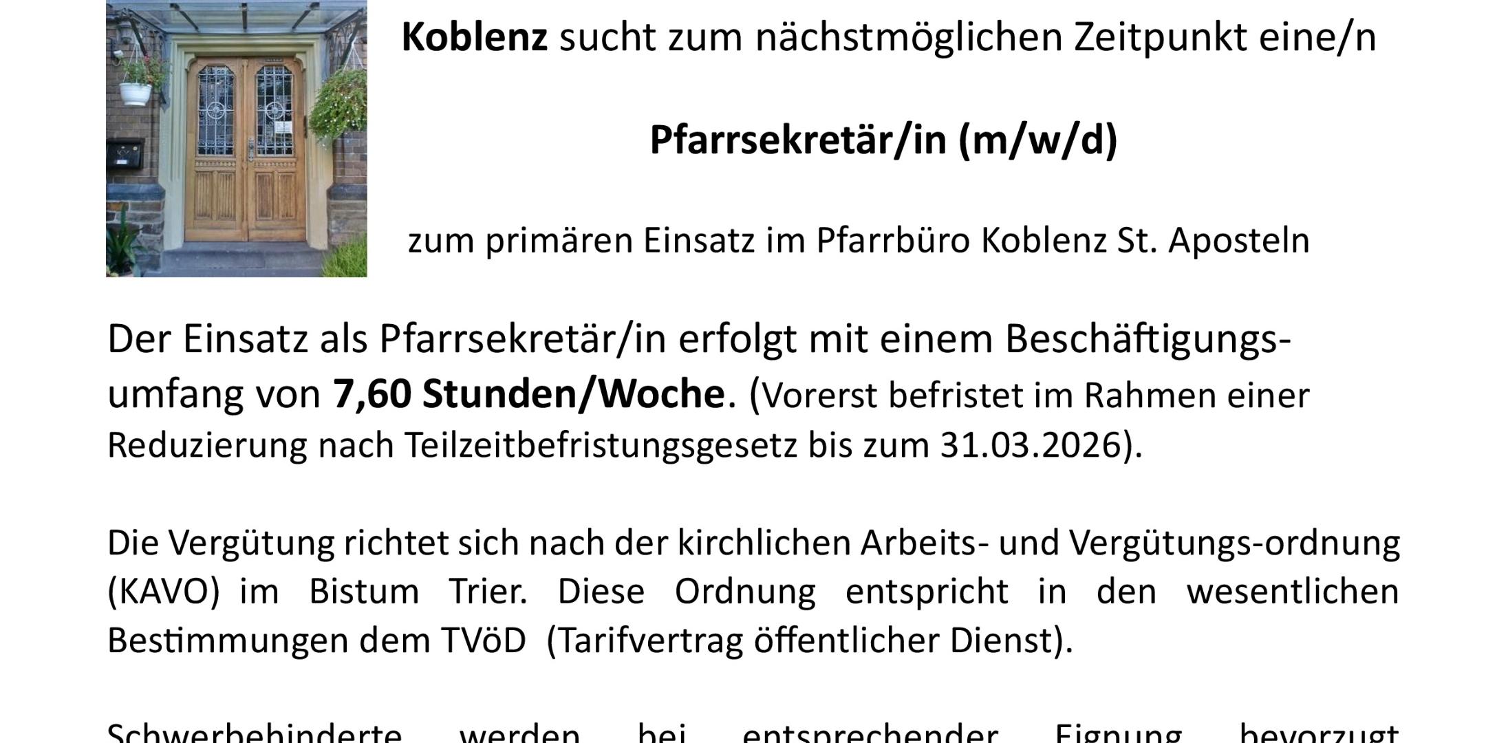 Stellenanzeige Pfarrbüro 7,6 h, links oben ein Foto des Eingangs zum Pfarrhaus des Einsatzortes