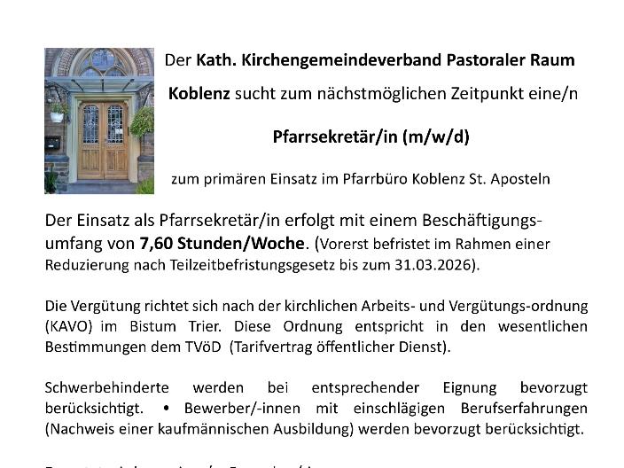 Stellenanzeige Pfarrbüro 7,6 h, links oben ein Foto des Eingangs zum Pfarrhaus des Einsatzortes