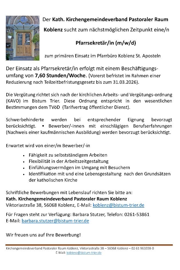 Stellenanzeige Pfarrbüro 7,6 h, links oben ein Foto des Eingangs zum Pfarrhaus des Einsatzortes