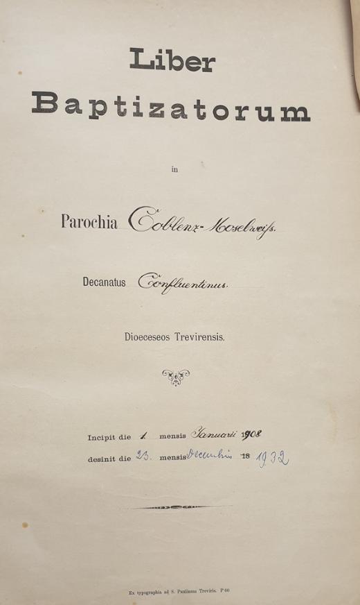 Deckblatt des Taufbuchs St. Laurentius Moselweiß bis 1932