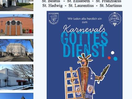 Titelseite des Pfarrbriefs, in der Mitte als Eyecatcher ein Plakat mit Einladung zum Karnvalsgottesdienst mit Bild des Hl Laurentius, der einen Schal der KG Blau Weiß trägt