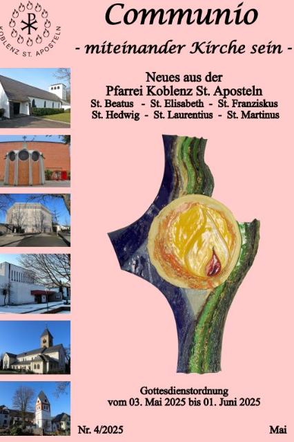 Titelbild des Gemeindebrief Pfarrbriefs Mai 2025 der Pfarrei Koblenz St. Aposteln auf rosanem Hintergrund