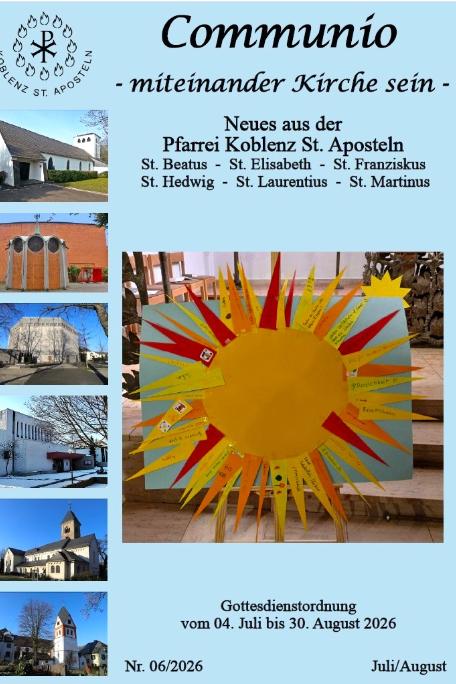 Titelbild des Pfarrbriefs Juli August 2026 der Pfarrei Koblenz St. Aposteln im Fokus ein Foto einer großen gebastelten Sonne mit vielen beschrifteten Sonnenstrahlen