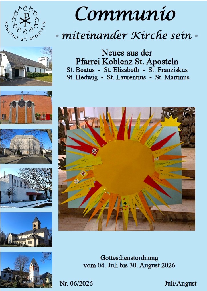 Titelbild des Pfarrbriefs Juli August 2026 der Pfarrei Koblenz St. Aposteln im Fokus ein Foto einer großen gebastelten Sonne mit vielen beschrifteten Sonnenstrahlen