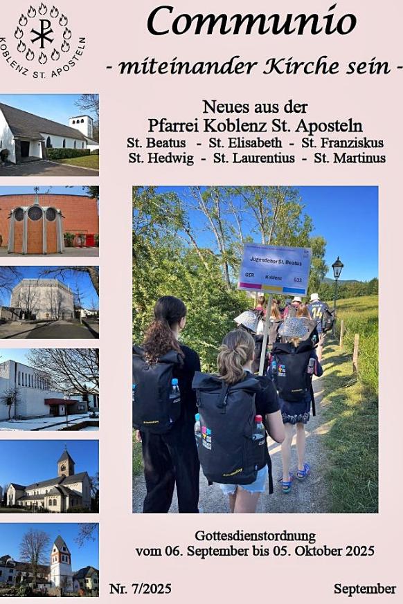 Titelbild des Pfarrbriefs September 2025 der Pfarrei Koblenz St. Aposteln, Layout mit kleinen Bildern der Kirchen links in einer Spalte, zentrales Titelbild ist ein Foto von Jugendlichen von hinten, die auf dem Weg sind