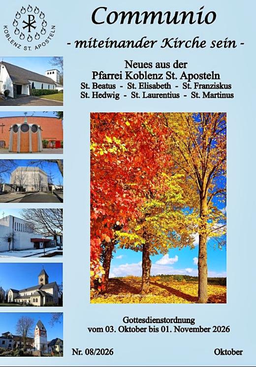 Titelbild des Pfarrbriefs Communio Oktober 2026 der Pfarrei Koblenz St. Aposteln, im Fokus ein großes Foto von drei Bäumen mit bunten Herbstlaub