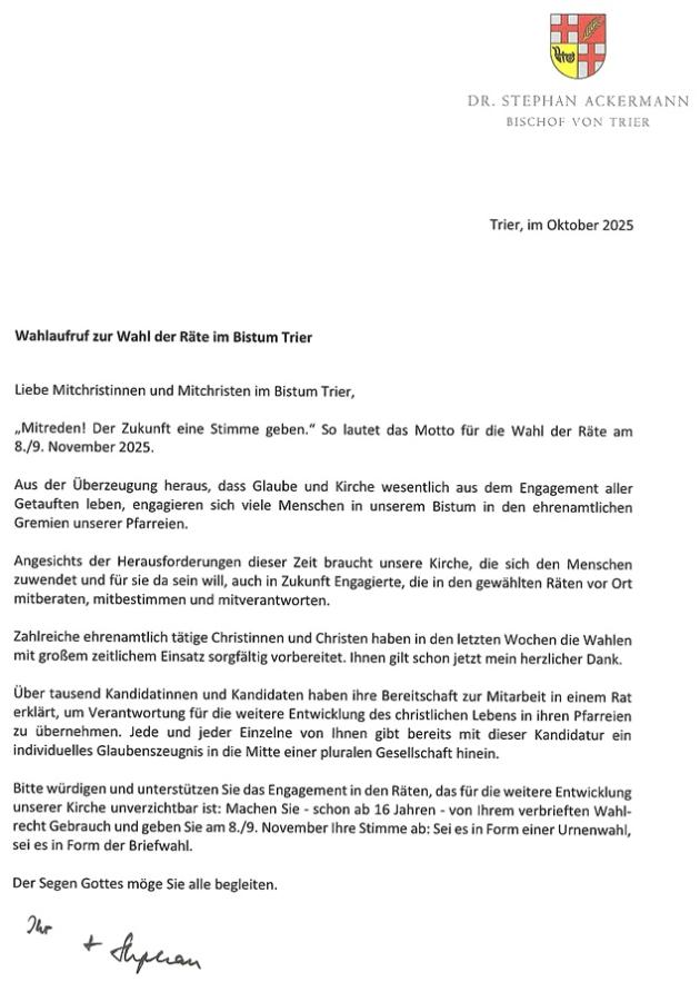 Wahlaufruf von Bischof Stephan als Foto