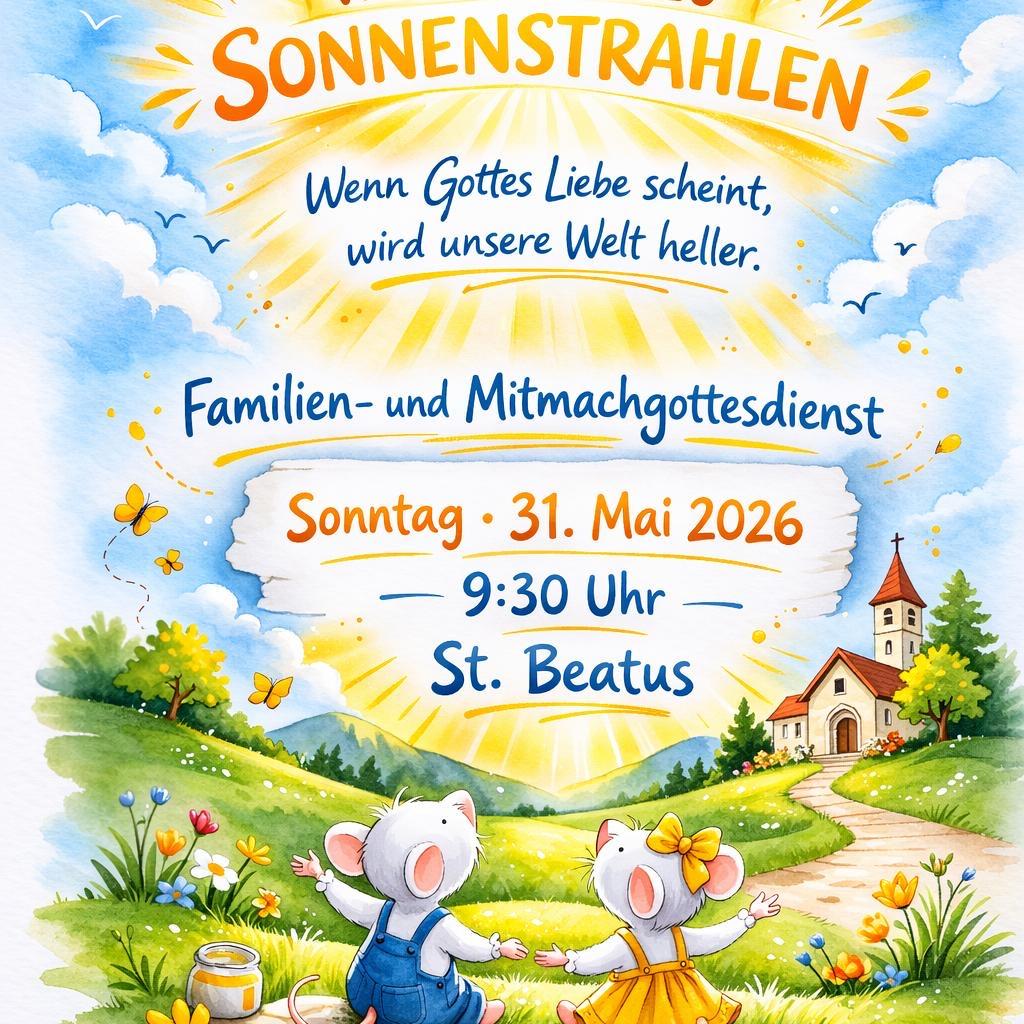 Plakat Wir werden zu Sonnenstrahlen Einladung zum Familien- und Mitmachgottesdienst am 31. Mai um 9:30 Uhr in St. Beatus mit musikalischer Unterstützung der Kirchenmäuse