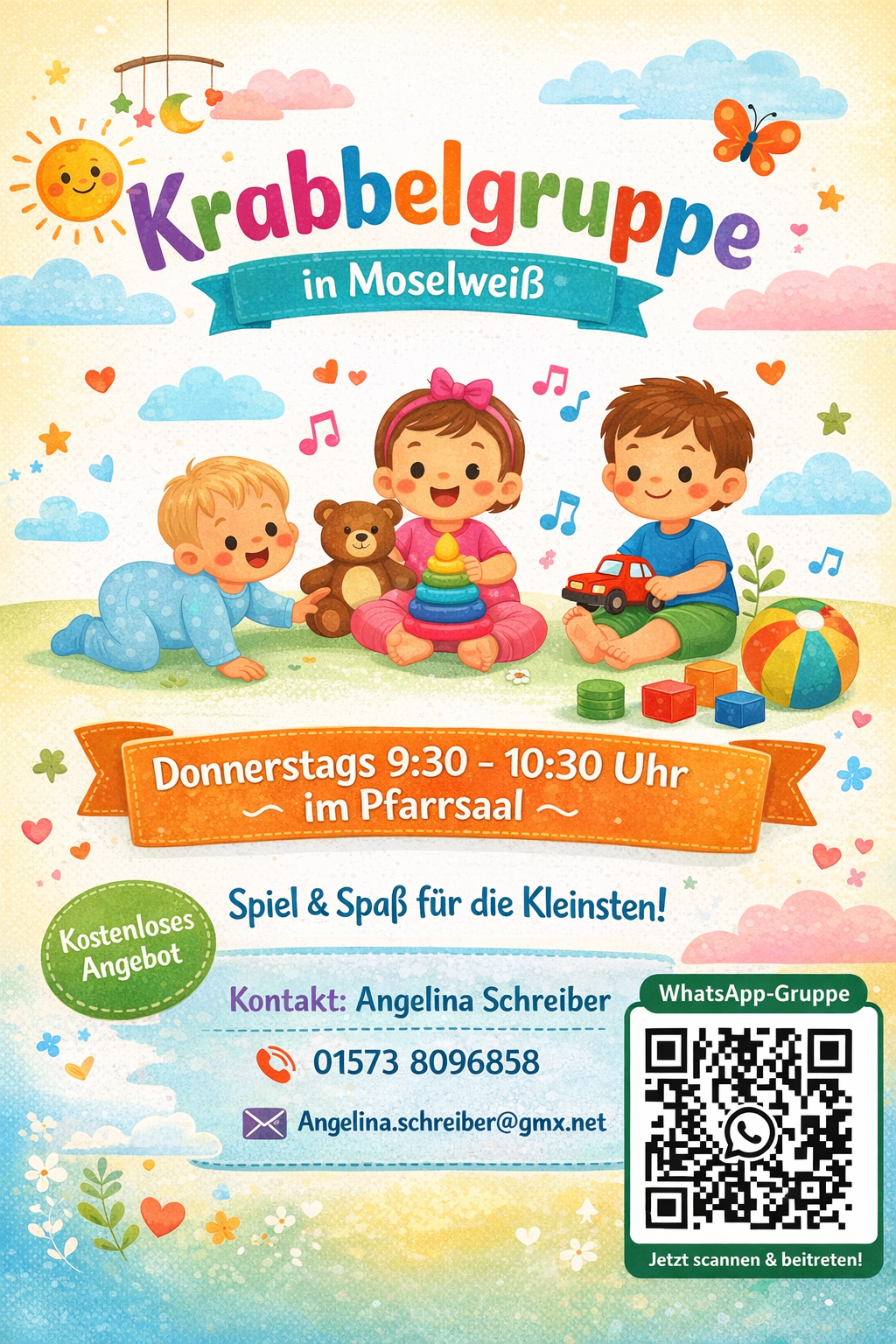 Baby, Kleinkinder, Spielsachen in der Mitte eines Plakates das auf die Krabbelgruppe in Moselweiß aufmerksam machen will