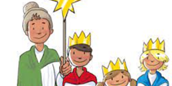 Sie sehen ein gemaltes Bild. Drei SternsingerInnen und ein Sternträger die Sie gut gelaunt ansehen.