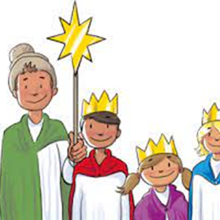 Sie sehen ein gemaltes Bild. Drei SternsingerInnen und ein Sternträger die Sie gut gelaunt ansehen.