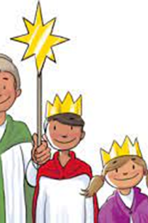 Sie sehen ein gemaltes Bild. Drei SternsingerInnen und ein Sternträger die Sie gut gelaunt ansehen.