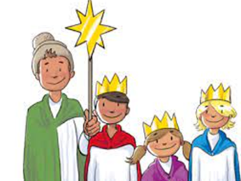 Sie sehen ein gemaltes Bild. Drei SternsingerInnen und ein Sternträger die Sie gut gelaunt ansehen.