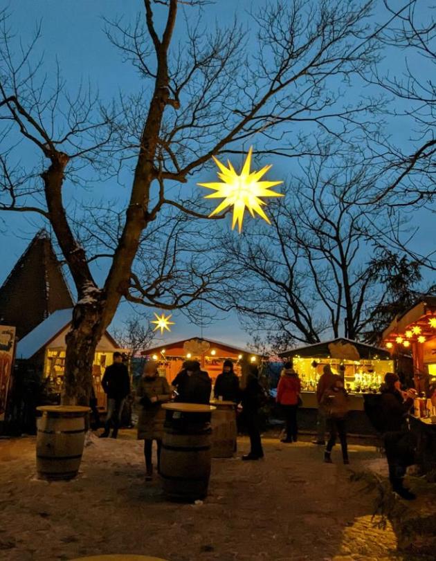 Man sieht einen gut besuchten Weihnachtsmarkt mit Beleuchtung und Ständen
