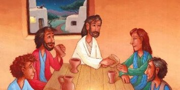 Plakat zur Erstkommunion mit dem Titel „Ihr seid meine Freunde!“. Darstellung von Jesus beim Abendmahl mit fünf Jüngern. Logo des Bonifatiuswerks unten rechts.