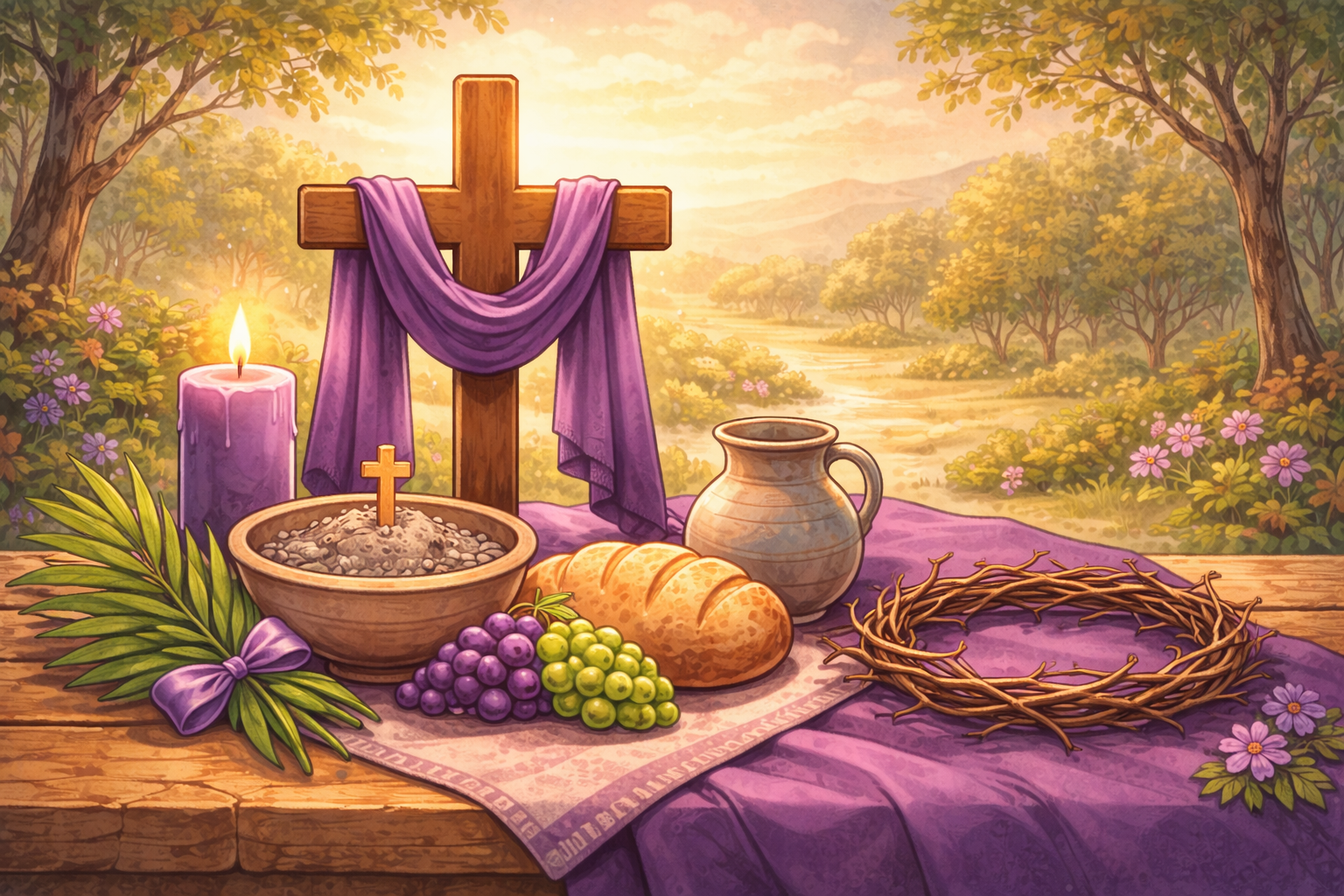 Ruhige Illustration im warmen Comic-Stil mit Symbolen der Fastenzeit: Ein Holzkreuz mit violettem Tuch steht im Mittelpunkt. Daneben eine brennende violette Kerze, eine Schale mit Asche und kleinem Kreuz, Brot, Trauben, eine Wasserkanne sowie eine Dornenkrone. Die Szene ist in eine sanfte Landschaft mit warmem Licht eingebettet und wirkt besinnlich und katholisch geprägt.